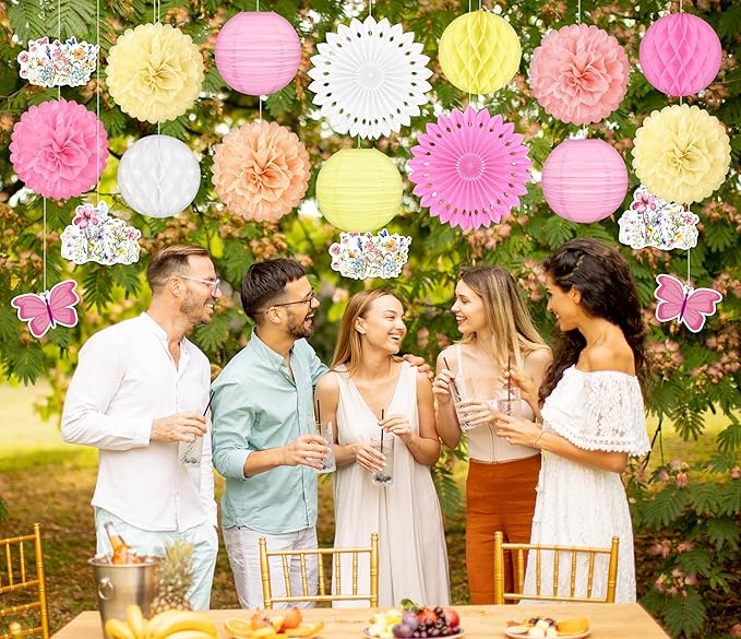 20pcs Spring Wildflower Party Decorations – Hanging Paper Fans, Pom Poms, Lanterns for Fairy Birthday, Garden Tea Party, Wedding Floral Decor, Baby in Bloom Shower