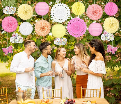 20pcs Spring Wildflower Party Decorations – Hanging Paper Fans, Pom Poms, Lanterns for Fairy Birthday, Garden Tea Party, Wedding Floral Decor, Baby in Bloom Shower