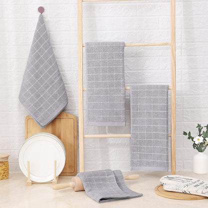 Homaxy 100% Cotton Terry Kitchen Towels(Light Grey, 13 x 28 inches), Checkered Designed, Soft and Super Absorbent Dish Towels, 8 Pack