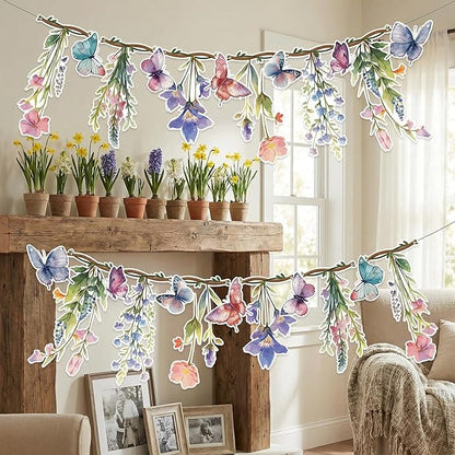 48Pcs Flower Fairy Banner Decorations Floral Designs Wildflower Garland – with 5m Jute Rope, for Baby Shower, Wedding, Easter Backdrop, Enchanted Garden Party Supplies (Butterfly)