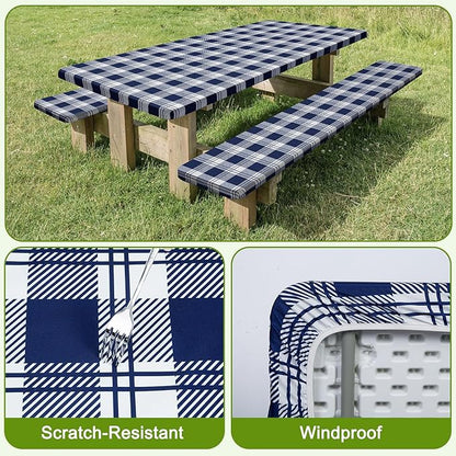 Picnic Table Cover with Bench Covers Windproof Waterproof Picnic Table Covers Camping Tablecloth with Self-Storage Bag, 72in, Blue
