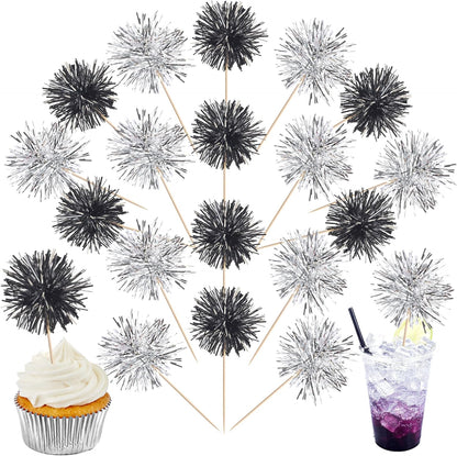 40 PCS Foil Firework Cupcake Toppers Sparkle Tinsel Cupcakae Picks Foil Firework Party Decorations Cocktail Fruit Toothpick for Fireworks Theme Birthday Wedding Graduation Party Decor Black Silver