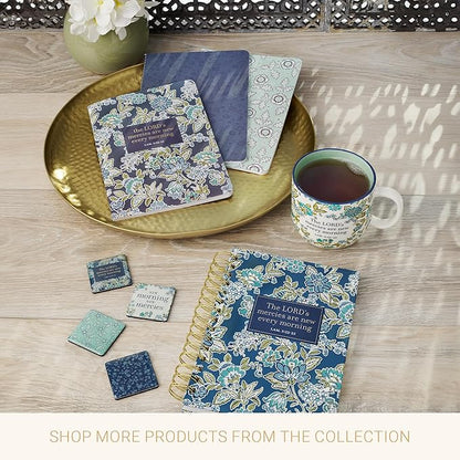 Christian Art Gifts Large Portrait Inspirational Scripture Gift Bag, Tag & Wrapping Tissue Paper Set for Women: Mercies are New Encouraging Bible Verse, Sturdy Satin Ribbon Handles, Blue/Green Floral
