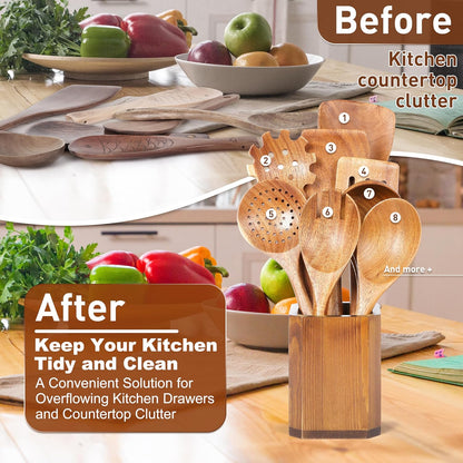 Kitchen Utensils Holder for Countertop: Wooden Utensil Crocks - Cooking Spoons Organizer