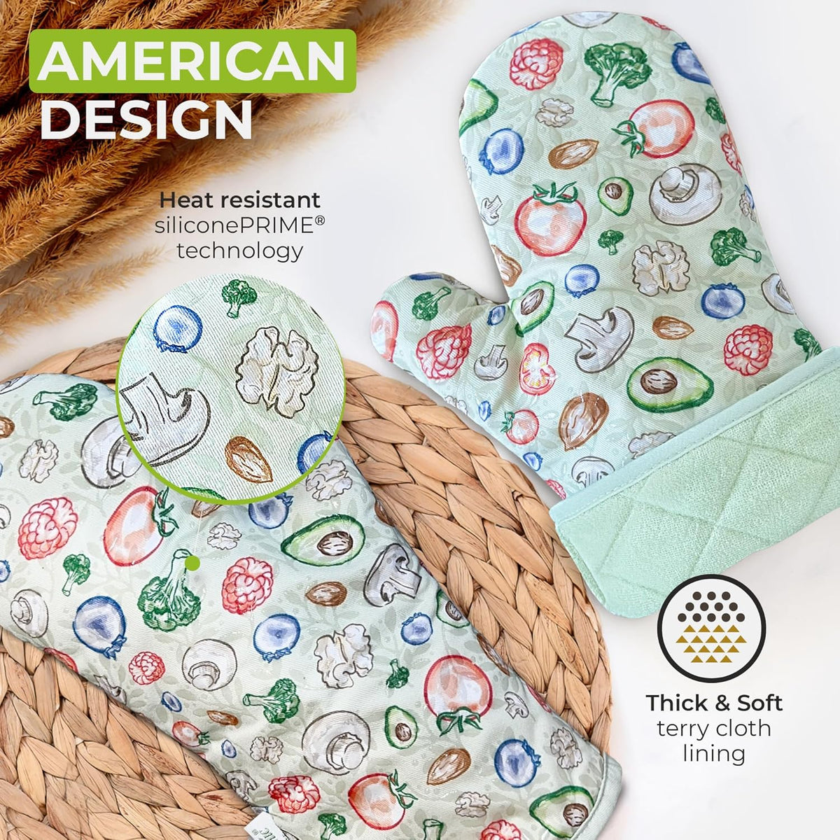 Premium Green Oven Mitts - Stylish and Heat-Resistant - Non-Slip Platinum Silicone Grip - Long and Thick