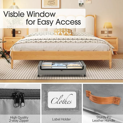 Yecaye 4 Pack Under Bed Storage with Wheels, Under Bed Storage Containers with Lids, Large Under Bed Rolling Storage with Clear Window & Label, Rolling Drawers for Clothes, Blankets, Books