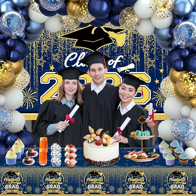 Graduation Decorations 2026, Blue and Gold Balloon Garland Arch, Navy Blue Graduation Decorations with Congrats Grad Tablecloth and Class of 2026 Backdrop for High School College Grad Party Supplies