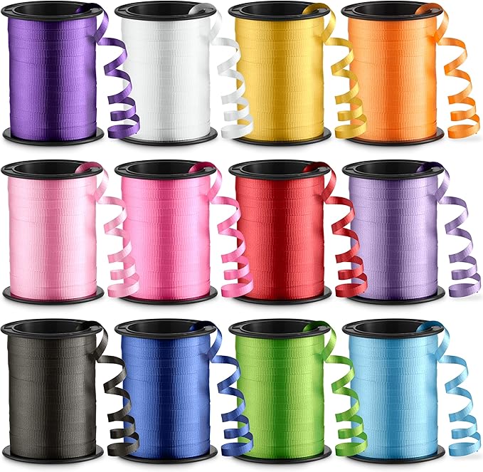 12-Rolls Curling Ribbon for Gift Wrapping - 3/16in x 125 Feet Per Roll - Curling Balloon String Ribbon Set for Presents, Bows, DIY Arts & Crafts, Wedding, Happy Birthday Decorations, Assorted Colors