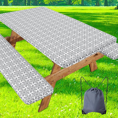 misaya Picnic Table Cover with Bench Cover, Waterproof Elastic Fitted Tablecloth for 5 Foot Tables, Rectangle Washable Polyester Tablecloths for Picnic, Camping, Outdoor (Grey, 30" x 60")