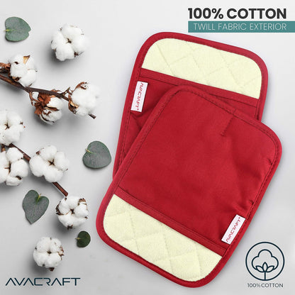Avacraft Red Pot Holders Set, Flexible, 100% Cotton with Non-Slip Heat Resistant Silicone Design, Thick Terry Cloth Interior, Hot Pads