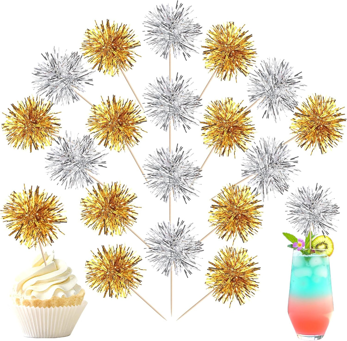 40 PCS Foil Firework Cupcake Toppers Sparkle Tinsel Cupcakae Picks Foil Firework Party Decorations Cocktail Fruit Toothpick for Fireworks Theme Birthday Wedding Graduation Party Decoration Gold Silver