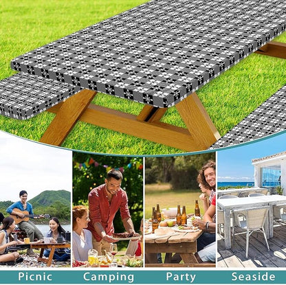 Picnic Table Cover with Bench Covers and Bag, Camping Essentials, Buffalo Plaid Waterproof and Windproof, Fitted Tablecloth Cover with Elastic Edge, for Outdoor, 3 PCS, (Black & White, 30"x96")