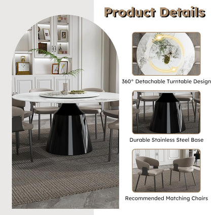 Montary 9 Piece Dining Table Chairs Set, Modern Dining Table Set of 8, Includes 59" D Marble Round Table with Black Metal Cone Base, 8 Gray Texture Dining Chairs for Home, Kitchen