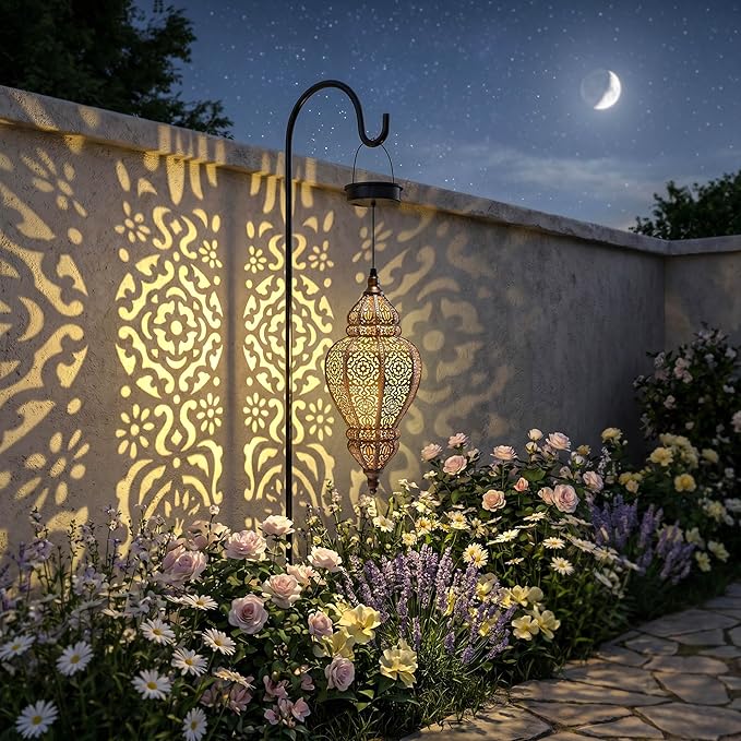 Hapjoy Moroccan Hanging Solar Lights Outdoor Lantern Bidirectional Availabili Garden Decor Waterproof Plastic Gold Decorations for Patio Pathway Yard Backyard Solar Powered Garden Decorative (1, gold)