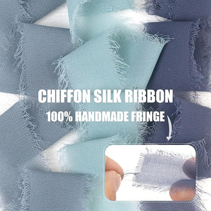 Dusty Blue Chiffon Ribbon 1 Inch x 21Yds Handmade Fringe Chiffon Silk Ribbon Dusty Blue/Slate Blue/Dark Blue Frayed Chiffon Ribbon for Wedding Invitation Flower Bouquets Bridal Shower Gift Wrapping