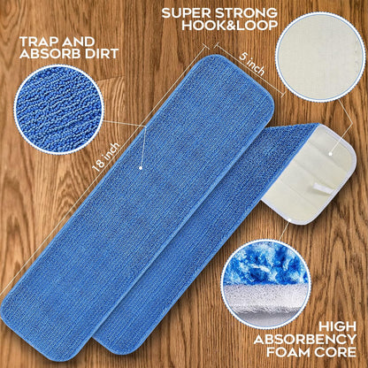 MATTHEW 18'' Microfiber Spray Mop Replacement Pads Heads for Wet Dry Reusable Mops Floor Home Commercial Cleaning Refills, Machine Washable Fits Compatible with Bona Mop&Most Spray Mops Blue (12 Pack)