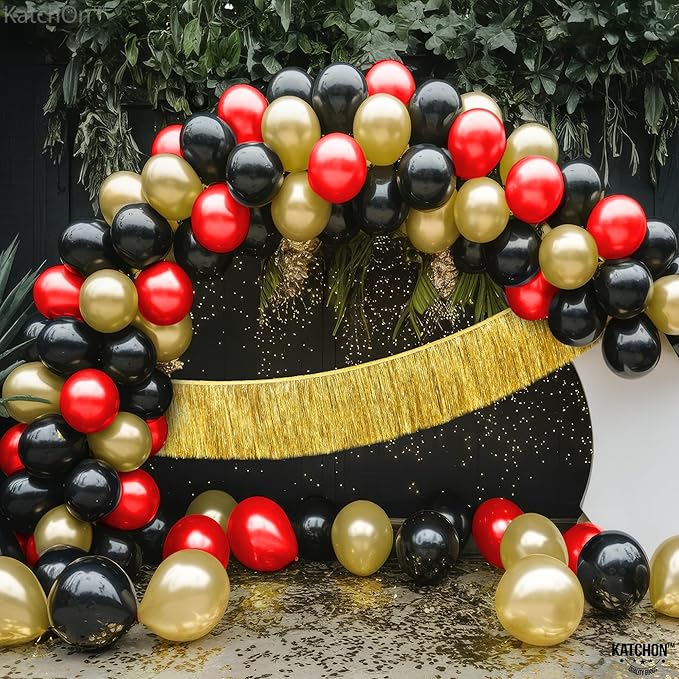 Katchon, Red Black and Gold Balloon Arch Kit - Huge, Pack of 90 | Black Red and Gold Balloons for Anniversary, Wedding and Birthday Decorations | Wedding Decor