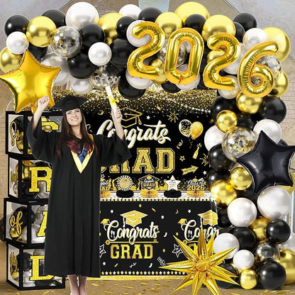 Graduation Decorations Class of 2026 Congrats Grad 2026 Party Supplies Include Backdrop Tablecloth Balloon Boxes with Letters Honeycomb Centerpieces Balloon Arch Kit Foil Balloons (Black and Gold)