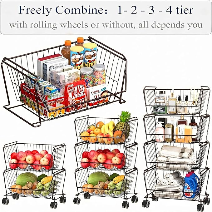 PUSDON 4-Tier Spacious Stackable Wire Storage Baskets with Wheels, Metal Rolling Utility Cart, Produce Basket for Pantry, Bathroom Organizer Shelf, Vintage Bronze
