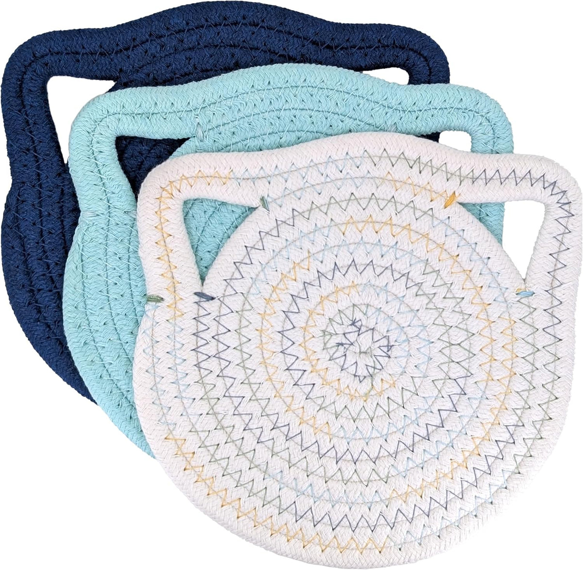7” Cat Trivet 3 Piece Set - Sturdy Thick Cotton Hot Pad Placemat - for Kitchen and Dining - Cute Kawaii Kitten Design - Kitchen Accessory Gift (Blue & White)
