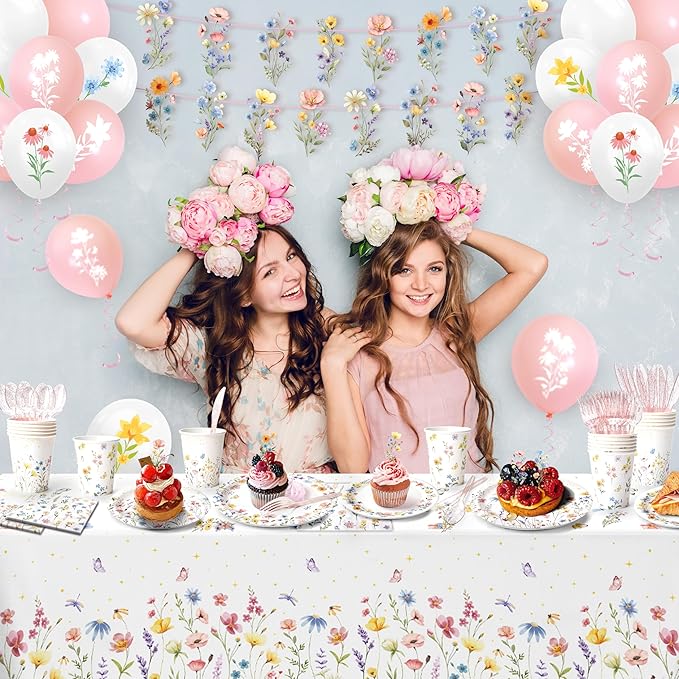 Kinovo 202PCS Wildflower Party Decorations Set with Banner, Balloons, Plates, Cups, Napkins, Tablecloth & Cutlery - Floral Baby Shower Birthday Supplies for 24 Guests