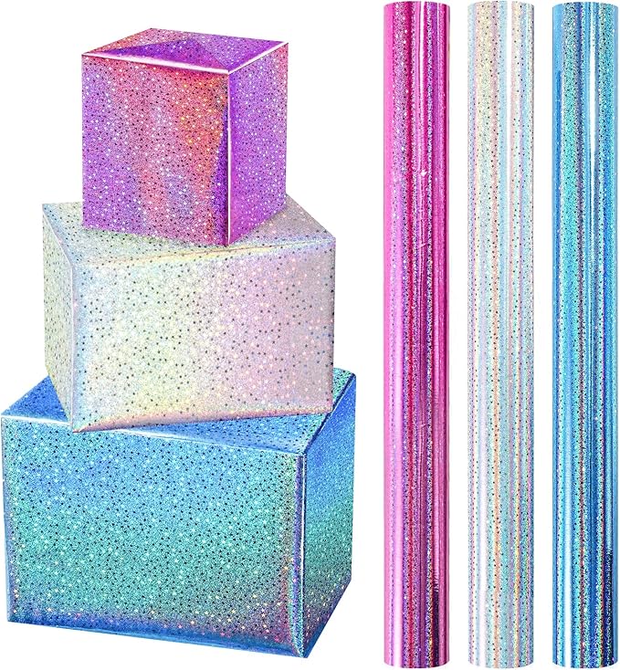 RAPAHOLIC Metallic Holographic Wrapping Paper - 3 Mini Rolls - 17 Inch x 120 Inch Per Roll - Blue White Pink Holographic Star Wrapping Paper for Birthday, Wedding, Baby Shower, Bridal Shower