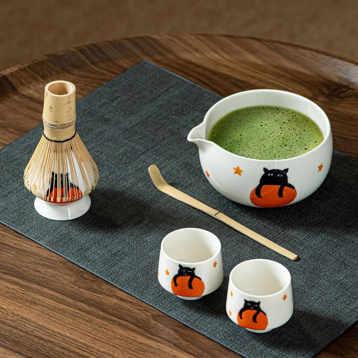 Matcha Set -Cute Cat Matcha Bowl Set with Whisk, Scoop, Whisk Holder & 2 Cups, 6 Pcs Authentic Matcha Tea Ceremony Kit, Great Gift for Tea Lovers