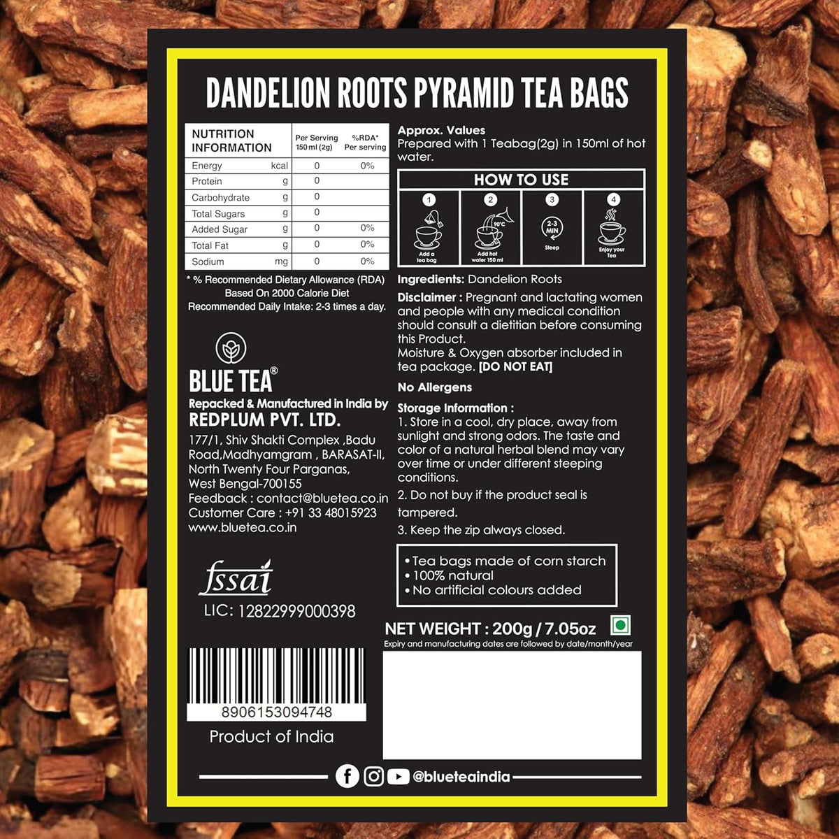 BLUE TEA - Dandelion Root Tea - 100 Count - Pyramid Plant Based Tea Bag | Support Kidney Function & Healthy Digestion | Detox Tea | Herbal Tea - Caffeine Free - Non-Bitter - Mild Flavor | Zipper Pack