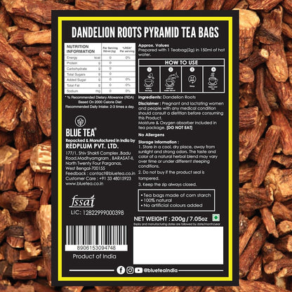 BLUE TEA - Dandelion Root Tea - 100 Count - Pyramid Plant Based Tea Bag | Support Kidney Function & Healthy Digestion | Detox Tea | Herbal Tea - Caffeine Free - Non-Bitter - Mild Flavor | Zipper Pack