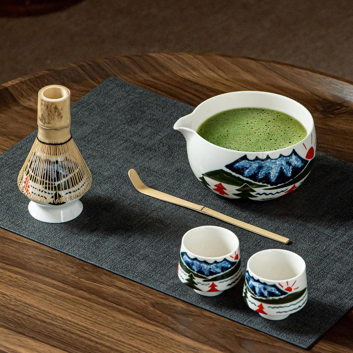 Fuji Mountain Matcha Bowl Set – 6-Pcs Hand-Painted Scenic Japanese Tea Ceremony Kit, Matcha Bowl with Spout, 2 Cups, Bamboo Whisk