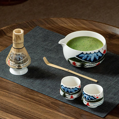 Fuji Mountain Matcha Bowl Set – 6-Pcs Hand-Painted Scenic Japanese Tea Ceremony Kit, Matcha Bowl with Spout, 2 Cups, Bamboo Whisk