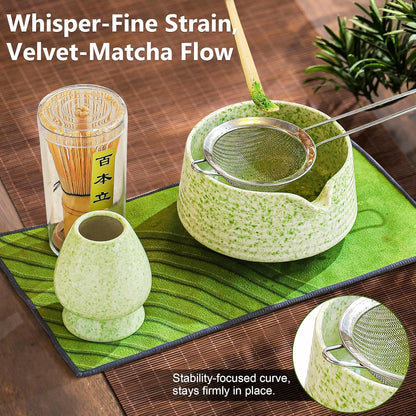 BEWOS 8 Pcs Matcha Whisk Set - 18OZ Ceramic Bowl with Spout, Matcha Sifter, Matcha Whisk Holder & Bamboo Matcha Whisk | Matcha Scoop, Complete Japanese Tea Ceremony Kit for Matcha Lover(Mottled Green)
