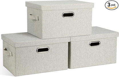 Graciadeco Medium 15" 21 Quart Collapsible Stackable Storage Bins with Lids, 3 Packs Beige Foldable Fabric Closet Boxes Heavy-duty Linen Cube Baskets Container for Bedroom Office (15 x 11 x 8)