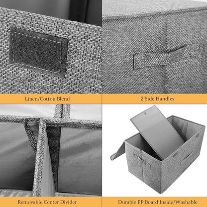 2 Pack Large Storage Boxes with Lids and Handles, Collapsible Linen Storage Bins Organizer Containers Baskets Cube with Removable Divider for Home Bedroom Closet Office (Coffee, Large)
