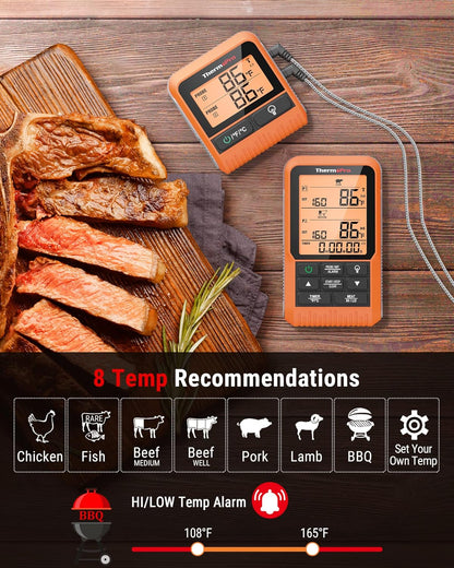 ThermoPro TP826 500FT Wireless Meat Thermometer, Dual Meat Probe Cooking Thermometer with HI/Low Alert, Food Grill Temperautre probe