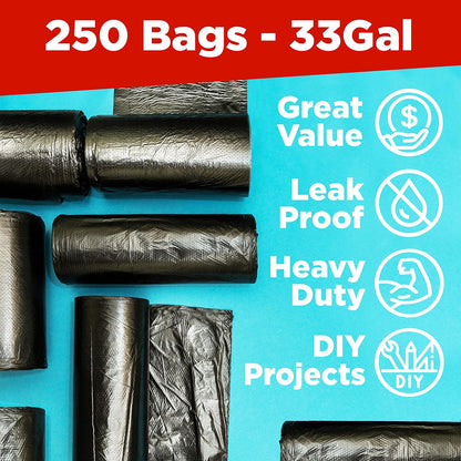 ToughBag 30-33 Gallon Trash Bags Heavy Duty, 32 x 38" Black Garbage Bags (250 COUNT) – 30+, 32 Gallon Trash Bags - Made In USA