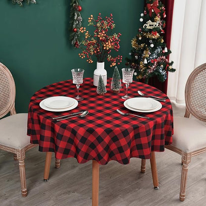 Waterproof Plaid Tablecloth Fabric - Round 58 Inch Classic Gingham Checker Table Cloth for Indoor/Outdoor Use - Buffalo Table Cover for Picnics, BBQs, and Parties