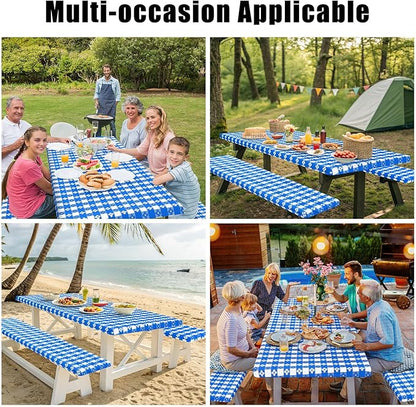 Smiry Picnic Table Cover with Bench Covers, Waterproof Elastic Fitted Tablecloth for 5 Foot Tables, Washable Polyester Tablecloths for Camping, Indoor & Outdoor (Blue & White, 30x60 Inch 3-pc Set)
