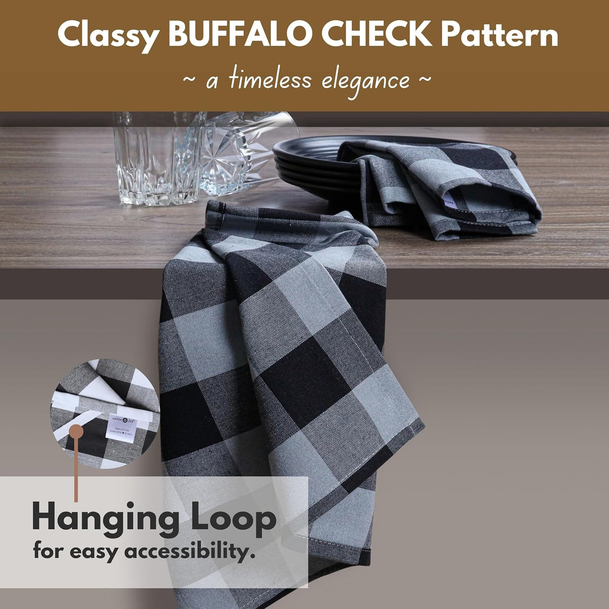 Native Fab 6 Pack Buffalo Check Kitchen Dish Towels, Cotton, Durable, Washable 16"x26" - Tea Towel, Soft Absorbent Cleaning Towels