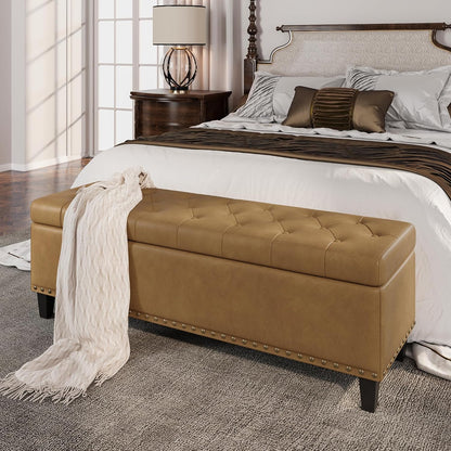 Storage Ottoman Bench, 51-Inch Large Storage Bench for Bedroom End of Bed, 30 Gallons Faux Leather Ottoman for Bedroom, Living Room, Entryway, Hallway, Camel