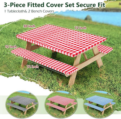 Picnic Table Cover with Bench Covers and Bag, Camping Table Camping Essentials Cover with Elastic Edges (Red)