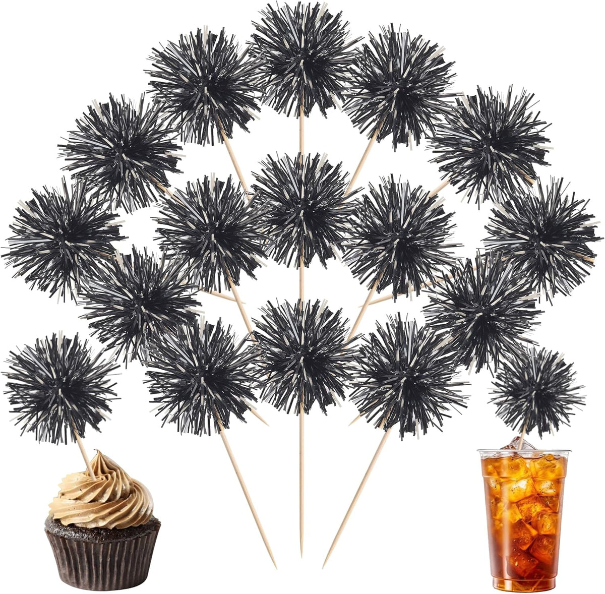 40 PCS Black Foil Firework Cupcake Toppers Sparkle Tinsel Cupcakae Picks Sparkler Fireworks Party Decorations Cocktail Fruit Toothpick for Birthday