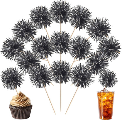 40 PCS Black Foil Firework Cupcake Toppers Sparkle Tinsel Cupcakae Picks Sparkler Fireworks Party Decorations Cocktail Fruit Toothpick for Birthday