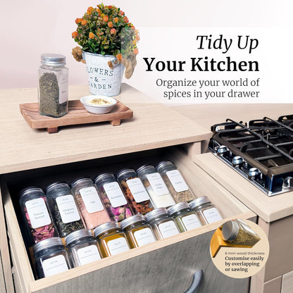 Spice Drawer Organizer with Jars and Labels, Bamboo Spice Rack For Drawer, Spice Organization For Cabinet Drawer, Spice Organizer For Drawer, Bamboo Drawer Organizer, Spice Organization For Drawer