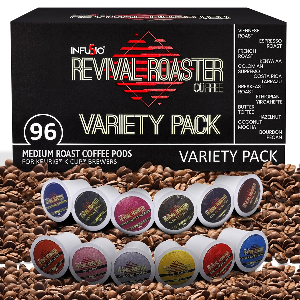 InfuSio Coffee Pods Variety Pack – 96 Count, 12 Crafted Medium & Dark Roast Blends and Artisan-Inspired Flavors Like Bourbon Pecan & Butter Toffee