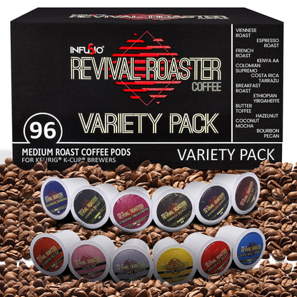 InfuSio Coffee Pods Variety Pack – 96 Count, 12 Crafted Medium & Dark Roast Blends and Artisan-Inspired Flavors Like Bourbon Pecan & Butter Toffee