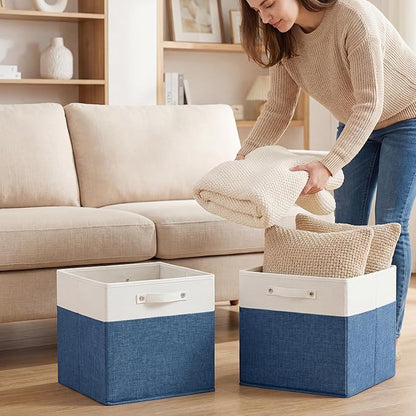 FinishingBo 13x13x13 Inches Fabric Storage Bin with Handles, Cube Storage Bins, Storage Baskets for Organizing Shelf Home Closet,6 Pack (White and Blue)