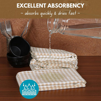 Native Fab Beige Gingham Kitchen Dish Towels 4 Pack 16"x26" - 100% Cotton Absorbent Plaid Tea Towels, Dish Cloths for Quick Drying