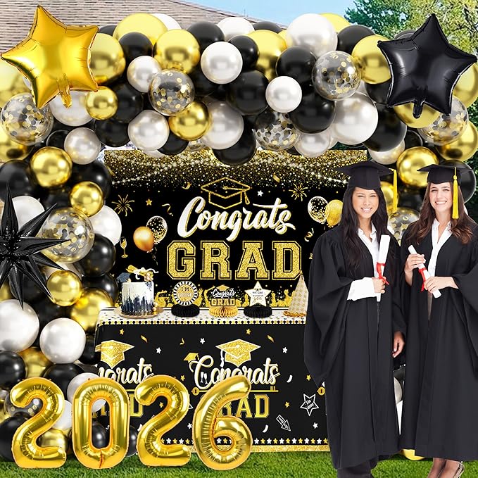 Graduation Decorations Class of 2026 Congrats Grad 2026 Party Supplies Include Backdrop Tablecloth Balloon Boxes with Letters Honeycomb Centerpieces Balloon Arch Kit Foil Balloons (Black and Gold)