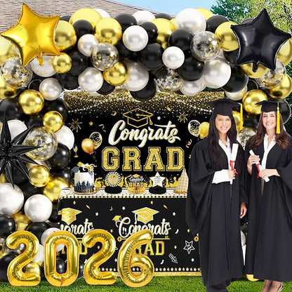 Graduation Decorations Class of 2026 Congrats Grad 2026 Party Supplies Include Backdrop Tablecloth Balloon Boxes with Letters Honeycomb Centerpieces Balloon Arch Kit Foil Balloons (Black and Gold)